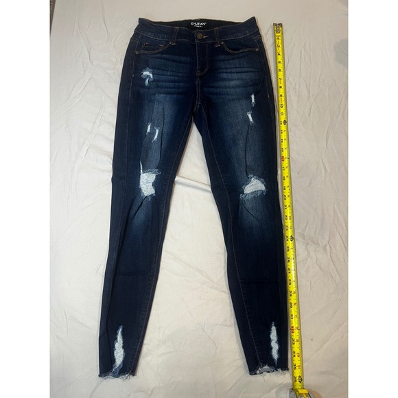 ENJEAN Women's Dark Wash Distressed Ripped Frayed Hem Skinny Jeans - Picture 1 of 8